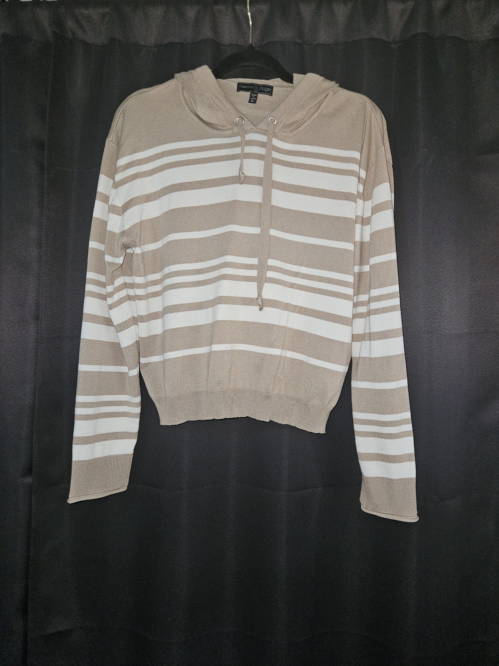 Sienna & Sage Striped Knit Hoodie Sweater Pullover XL Beige White Lightweight